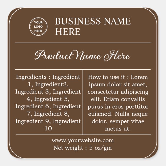 Brown Modern Ingredient Instructions Product Label (Front)