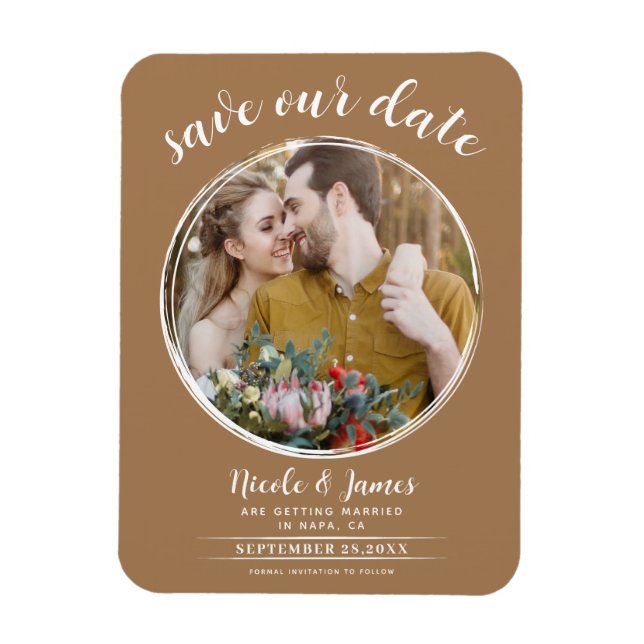 Brown Modern Round Photo Save the Date Magnet (Vertical)