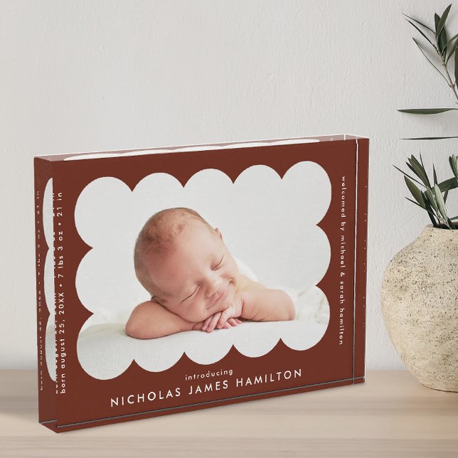 Brown Modern Scalloped Birth Announcement Photo Block (Creator Uploaded)