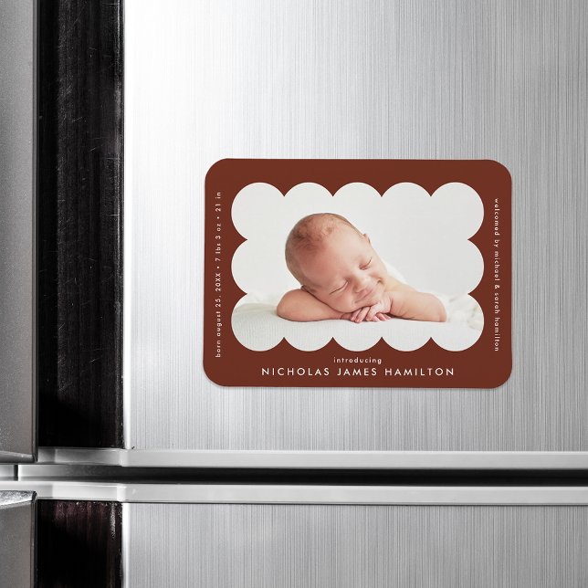Brown Modern Scalloped Frame Birth Announcement Magnet (Creator Uploaded)