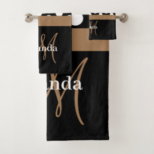 Brown Monogram Black White Polka Dot Bath Towel Set