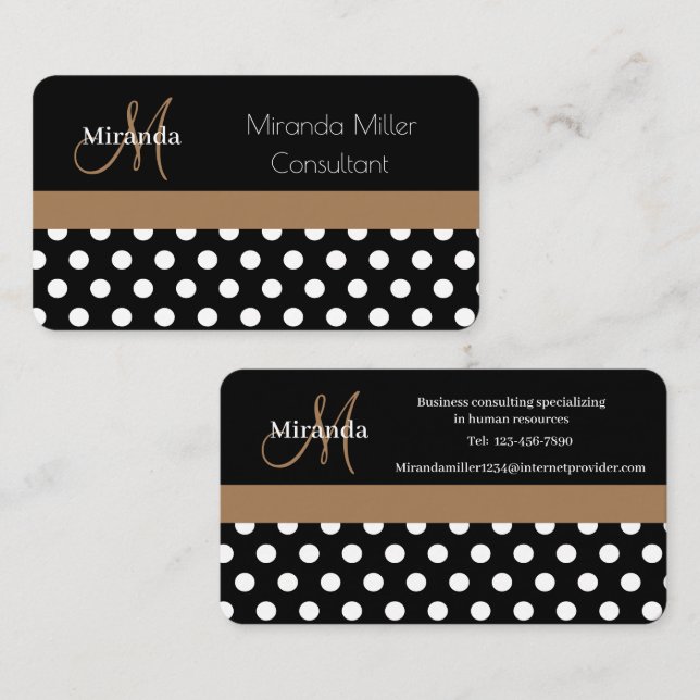 Brown Monogram Black White Polka Dot Business Card (Front/Back)
