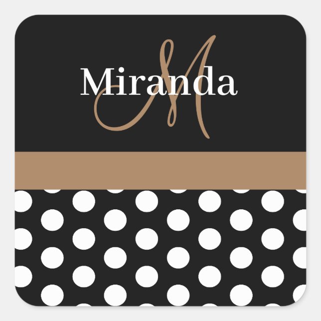 Brown Monogram Black White Polka Dot Square Sticker (Front)