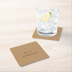 Brown monogram calligraphy minimalist professional square paper coaster