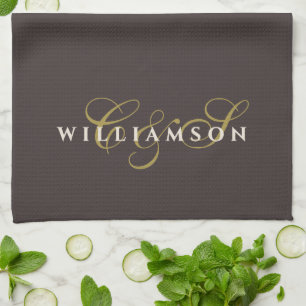 Brown Monogram Gold Cream Minimalist Couple Chic Tea Towel