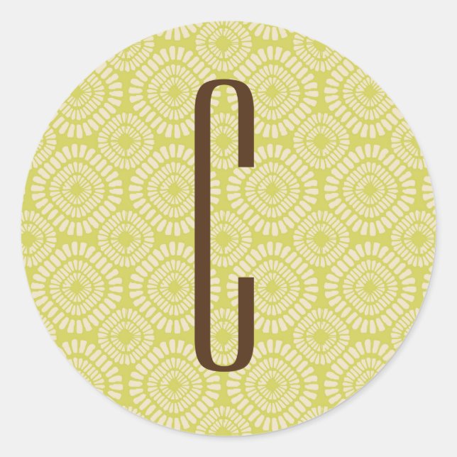 Brown Monogram on Retro Sage Green Pattern Classic Round Sticker (Front)