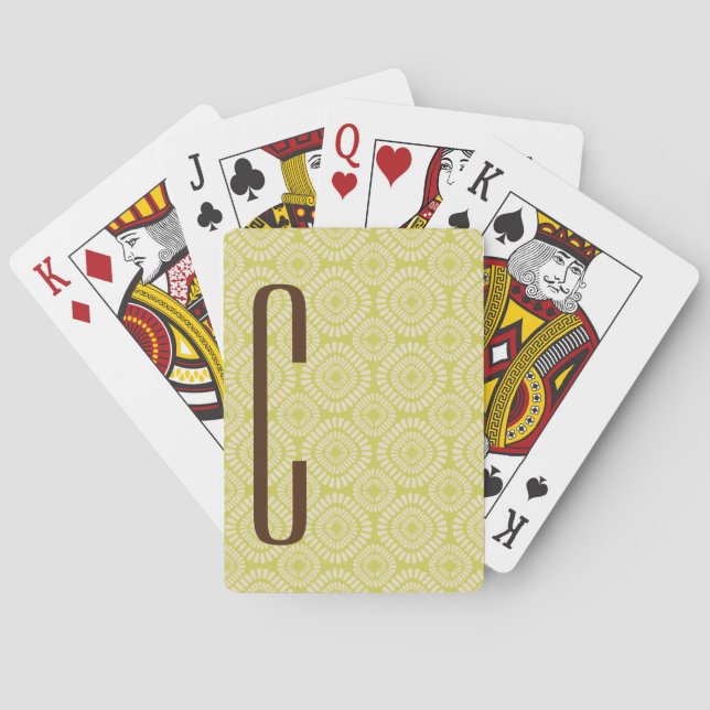 Brown Monogram on Retro Sage Green Pattern Playing Cards (Back)