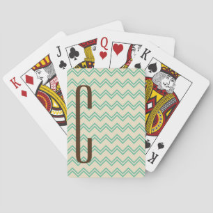 Brown Monogram on Turquoise Green Chevron Pattern Playing Cards