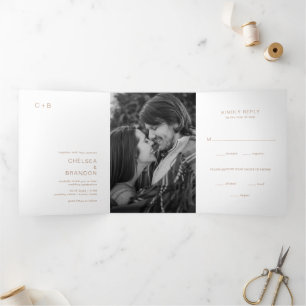 Brown Monogram Photo Modern Wedding Tri-Fold Invitation