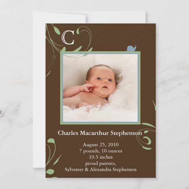 Brown Monogram Snail Boys Birth Announcements (Front)