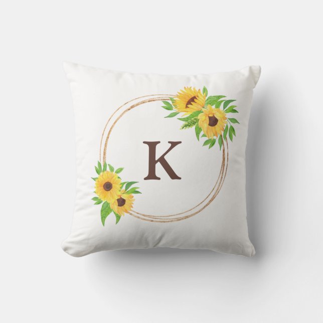 Brown Monogram Sunflowers Gold Frame Green Leaves Cushion (Front)
