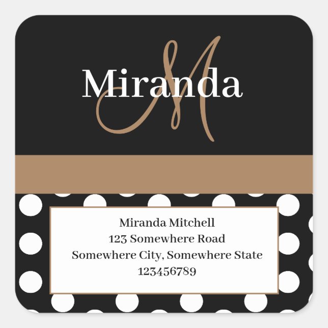 Brown Monogram White Polka Dot Return Address Square Sticker (Front)