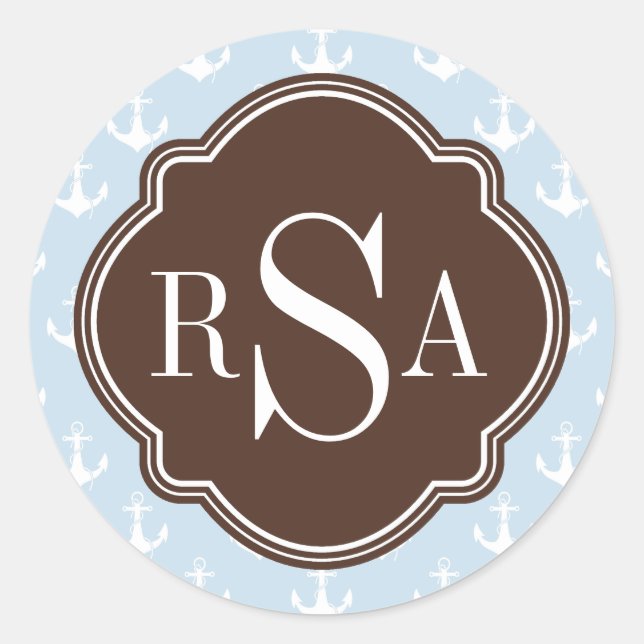 Brown Monogrammed Blue Anchor Pattern Classic Round Sticker (Front)