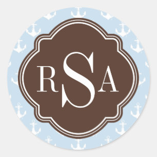 Brown Monogrammed Blue Anchor Pattern Classic Round Sticker