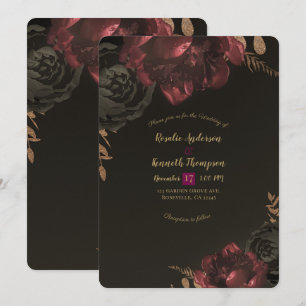 Brown Moody Dark Floral Gold Greenery Wedding Invitation