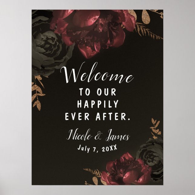 Brown Moody Dark Floral Gold Greenery Wedding Sign (Front)
