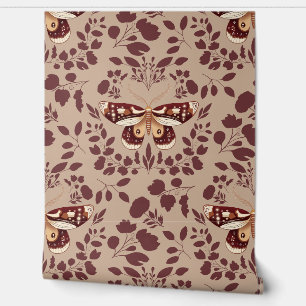 Brown Moth & Brown Foliage Wallpaper on Warm Beige