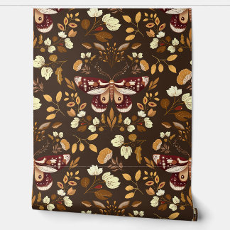 Brown Moth & Floral Wallpaper Dark Brown Wallpaper