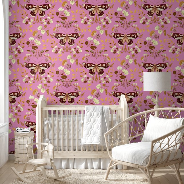 Brown Moth & Floral Wallpaper on Pink (Kids)