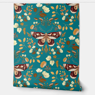 Brown Moth & Floral Wallpaper on Striking Teal