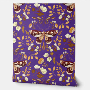 Brown Moth & Floral Wallpaper Purple Wallpaper