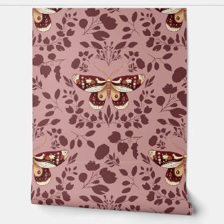 Brown Moth & Foliage Wallpaper on Pink