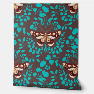 Brown Moth & Teal Foliage Wallpaper Rich Brown