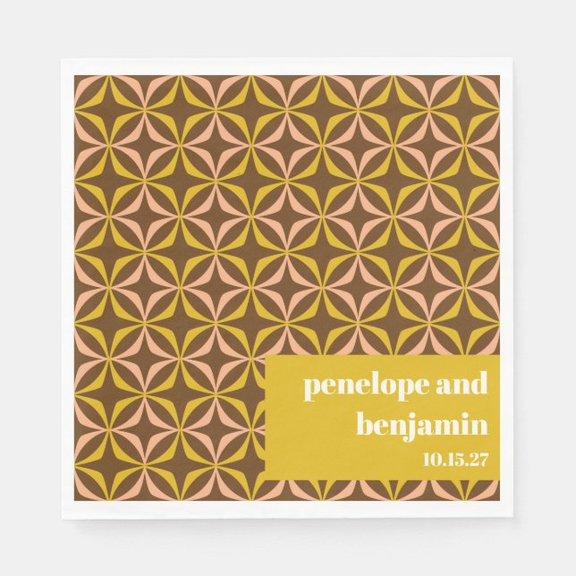 Brown Mustard Retro 70s Geometric Wedding Napkin (Front)