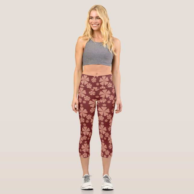 Brown Muted Floral Abstract Pattern Capri Leggings (Front)