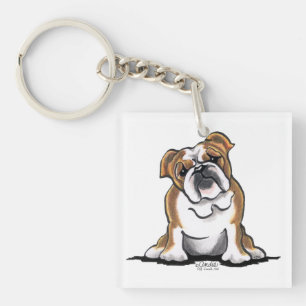 Brown n White English Bulldog Sit Pretty Key Ring