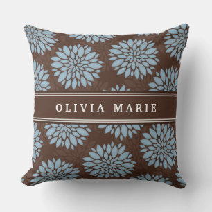 Brown Name Baby Blue Flower Blossom Pattern Cushion