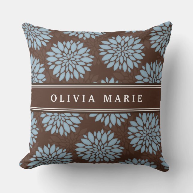 Brown Name Baby Blue Flower Blossom Pattern Cushion (Front)