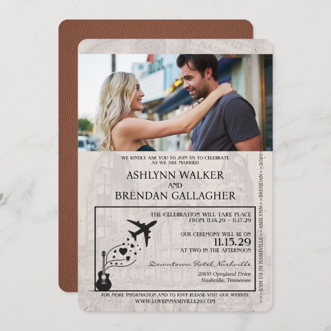 Brown Nashville Passport Wedding Invitation (Front/Back)