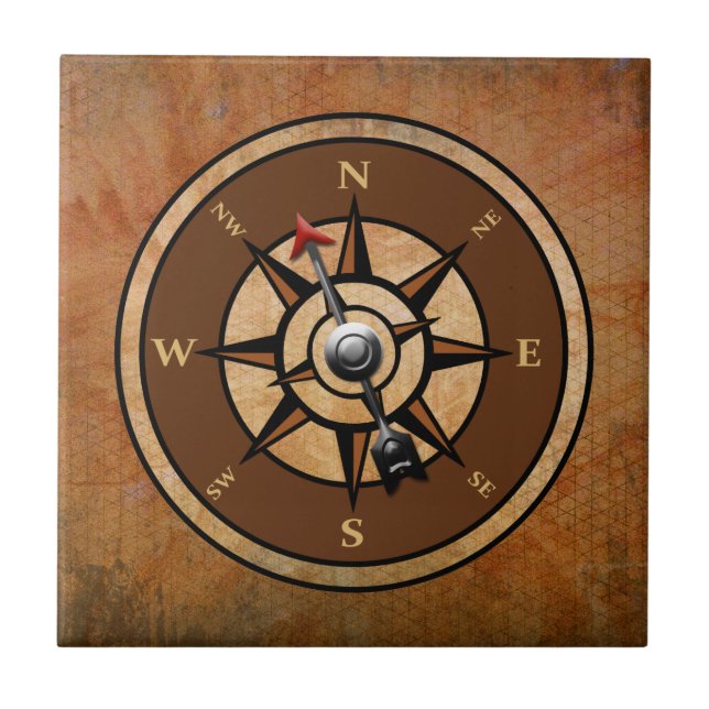 Brown Nautical Compass Design Ceramic Tile (Front)