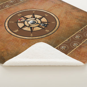 Brown Nautical Compass Pattern Sherpa Blanket