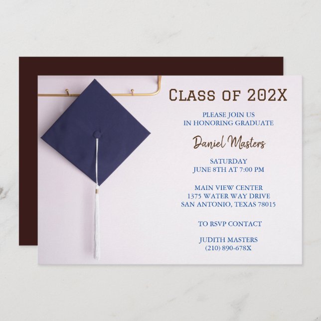 Brown /Navy Blue Graduation Cap  Invitation (Front/Back)