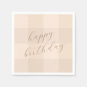 Brown Neutral Gingham Script Happy Birthday Paper Napkin