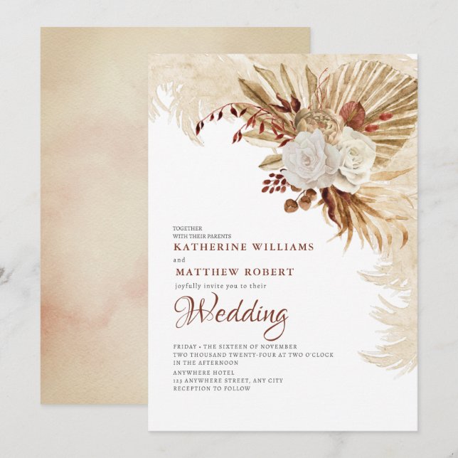 Brown Neutral Gray Floral Boho  Invitation (Front/Back)