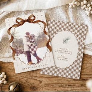 Brown Neutral Plaid Bow Photo Christmas Holiday Card