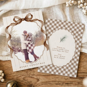 Brown Neutral Plaid Bow Photo Christmas Holiday Card