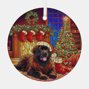 Brown Newfie Christmas Scene Ornament