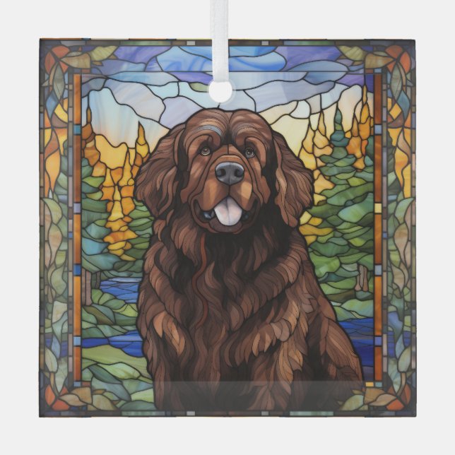 Brown Newfoundland Dog Glass Ornament (Front)