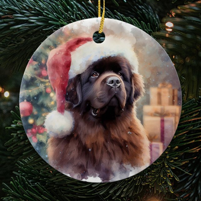 Brown Newfoundland Dog Santa Hat Christmas Ceramic Ornament (Creator Uploaded)