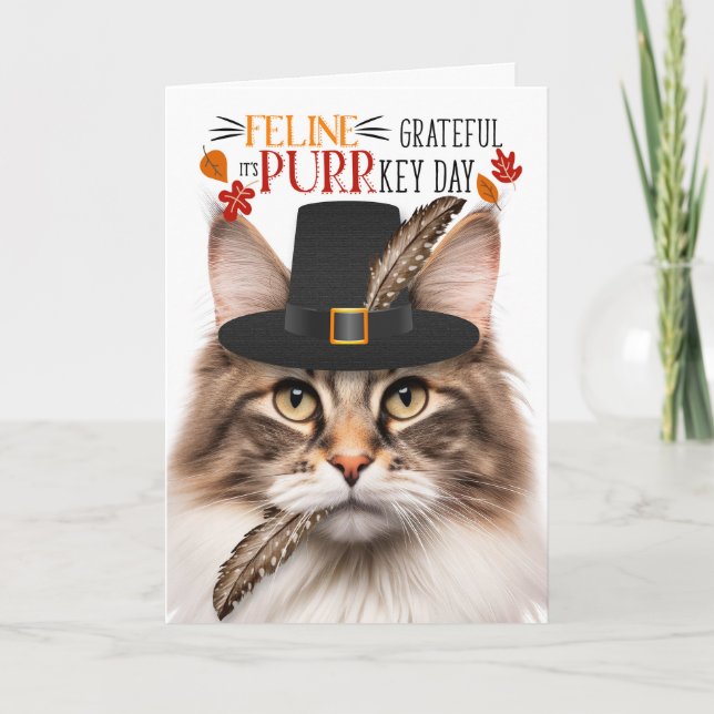 Brown Norwegian Forest Cat Grateful PURRkey Day Holiday Card (Front)