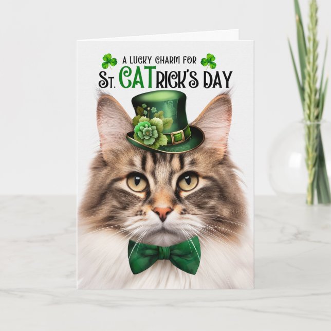Brown Norwegian Forest Cat St CATrick's Day Holiday Card (Front)