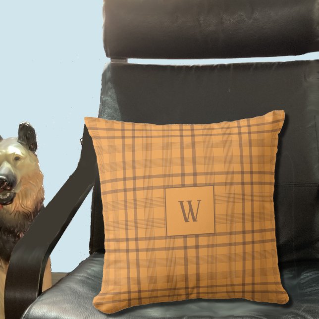 Brown Ochre Tartan Pattern Monogram Throw Pillow (Ochre and brown Tartan pattern pillow with monogram . Also available in an orange color . 
)