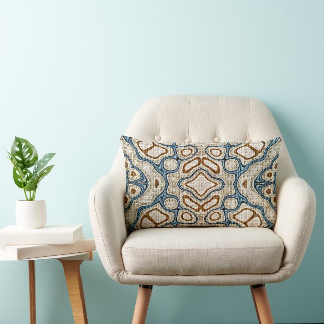 Brown Ochre Teal Blue Hip Tribe Art Lumbar Cushion (Chair)