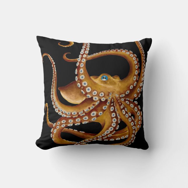 Brown Octopus Blue Eye Black Art Cushion (Front)