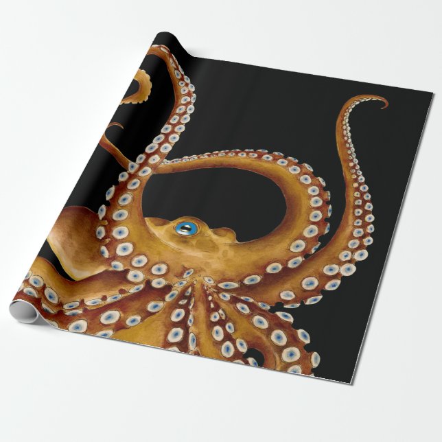 Brown Octopus Blue Eye Black Art Wrapping Paper (Unrolled)