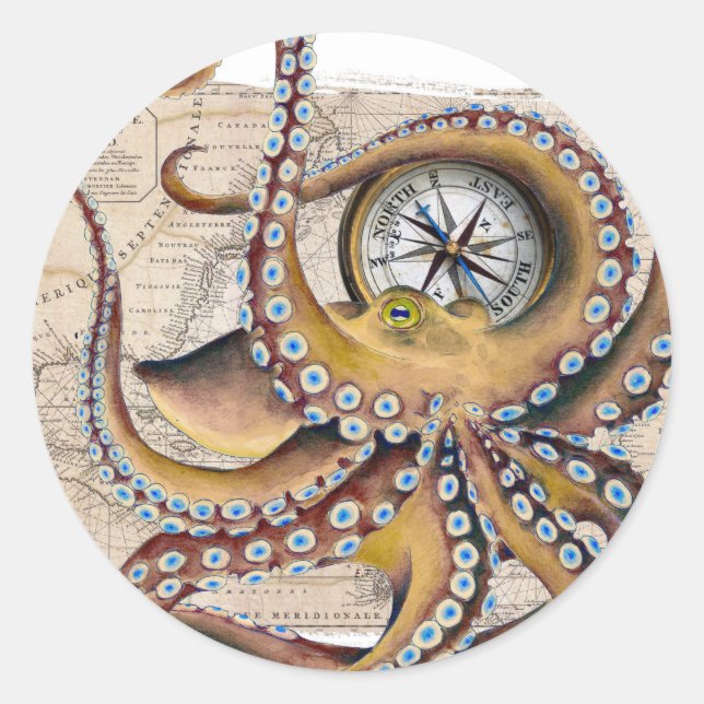 Brown Octopus Vintage Map Compass Classic Round Sticker (Front)
